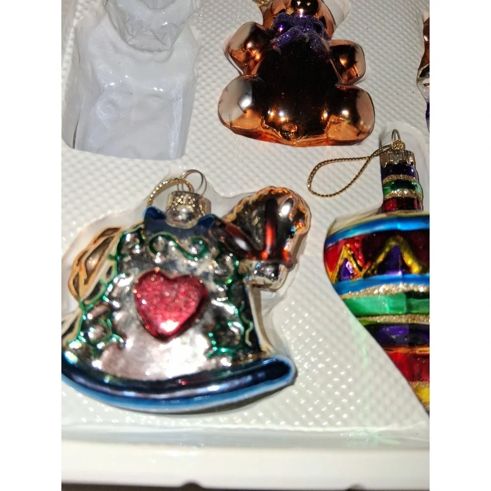2002 Santa's Workbench Blown Glass Christmas Ornaments Teddy Monkey Horse Set